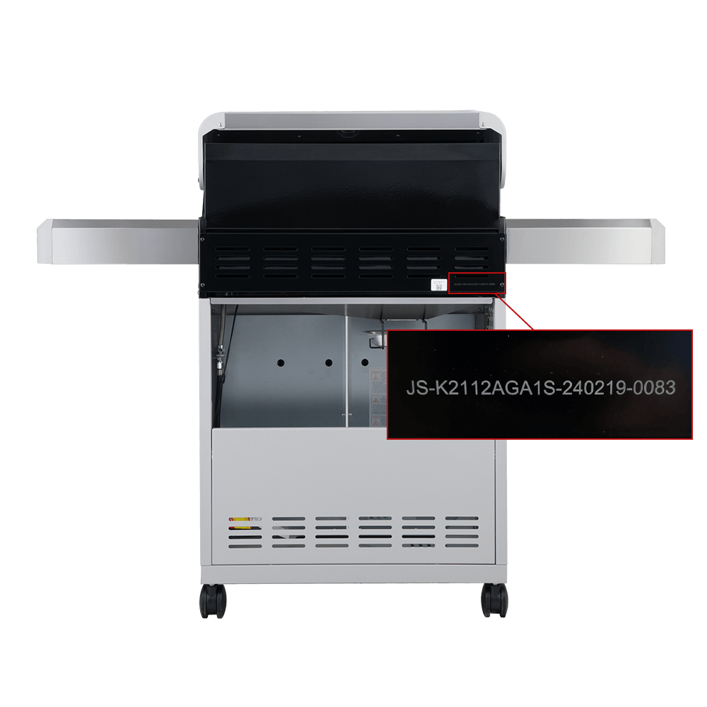Location of the model and serial number label on a Monument grill