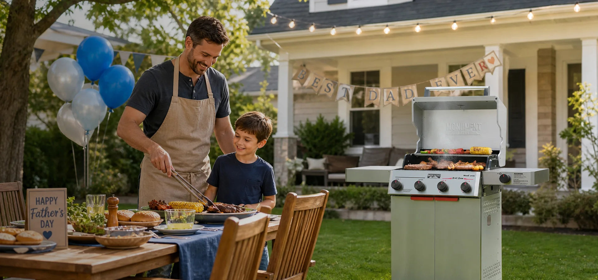 Man and child grilling outdoors in the background