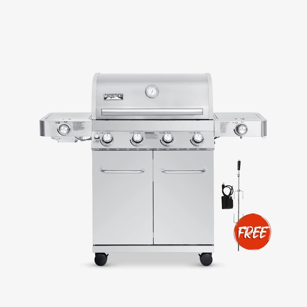 Stainless steel grill with a free accessory on a white background