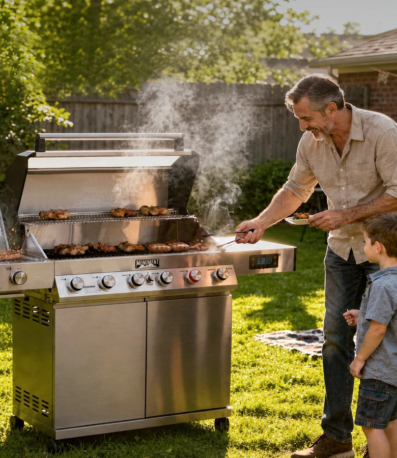 Man and child grilling outdoors on a sunny day