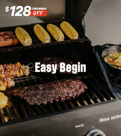 Grill with various foods cooking on it, including corn and skewers, with a 'Black Friday' discount text overlay.