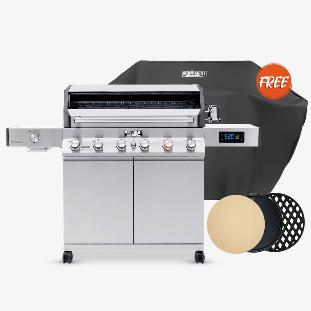 Denali 605Pro | Stainless Smart Propane Gas Grill - Monument GrillsD605P (Includes Free Cover and Rotisserie Kit) & Cordierite Pizza Stone & Round Diamond Grid & Round Cast Iron Cooking Plate