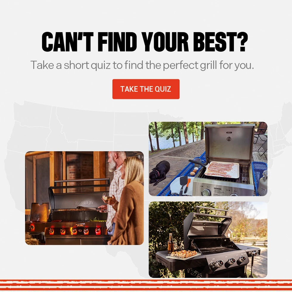 Promotional graphic for a grill quiz with images of grills and people cooking.