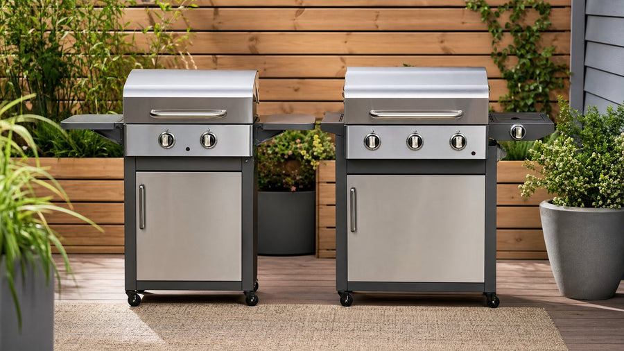 Two stainless cart gas grills on a patio, a compact 2-burner with folding side shelves next to a wider 3-burner with a side burner