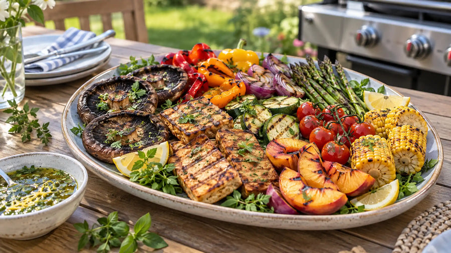 Platter of grilled chicken, zucchini, mushrooms, asparagus, corn and peaches on an outdoor table