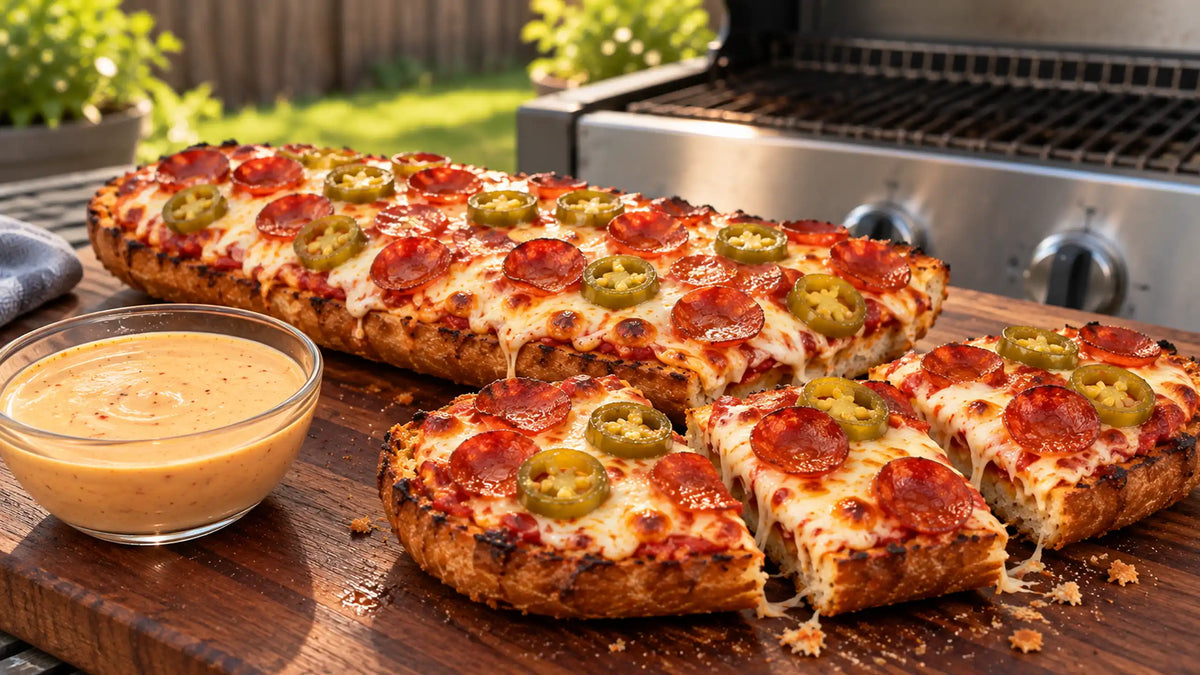 Grilled French Bread Pizza with Hot Honey Sriracha Ranch