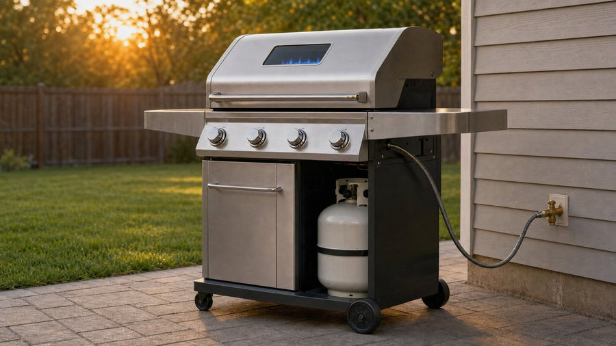 Stainless gas grill on a backyard patio with a propane tank in the cart and a natural-gas hose running to a house-wall fitting