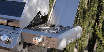 Portable gas grill with trees in the background