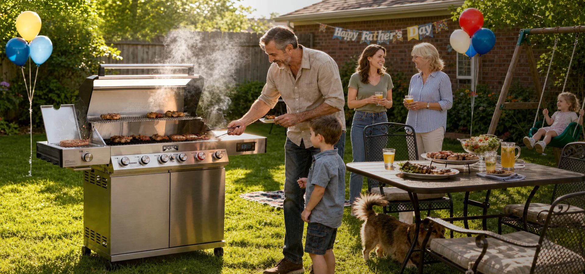 Family gathered around a grill in a backyard.