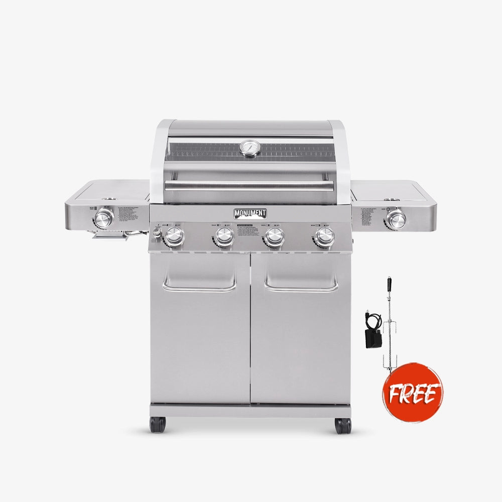 Stainless steel grill with a freebie offer on a white background