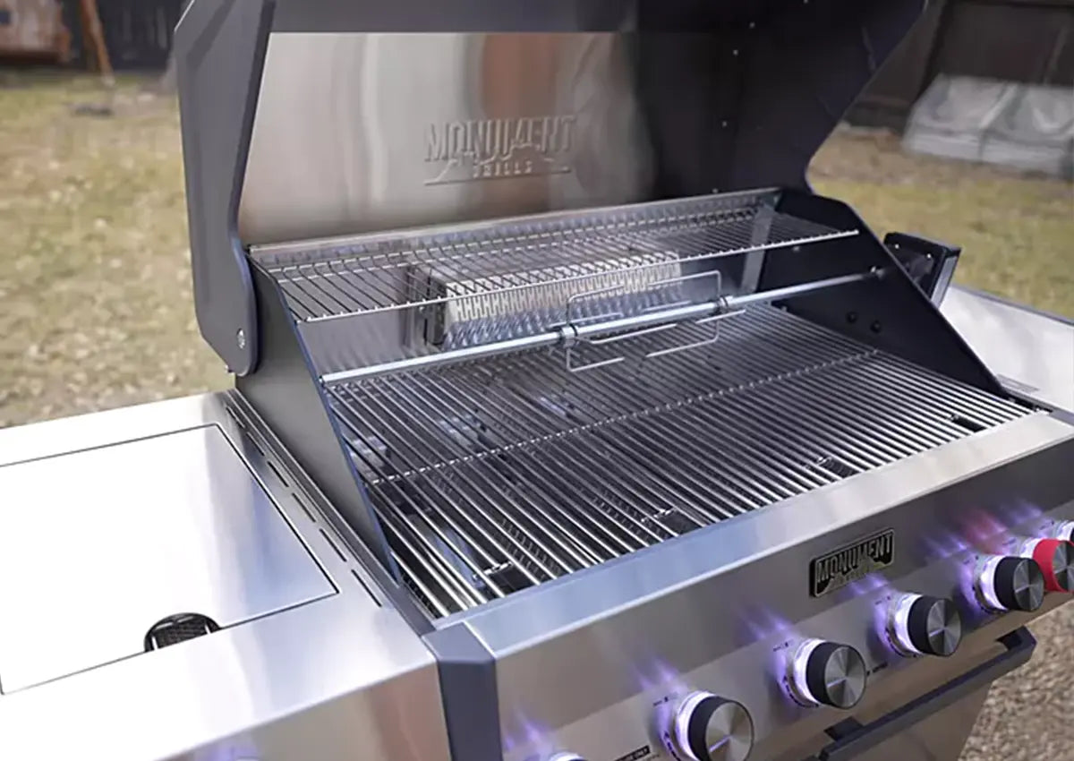 Outdoor grill with burner and rotisserie