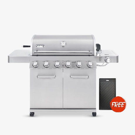 Stainless steel grill with a free grill mat on a white background