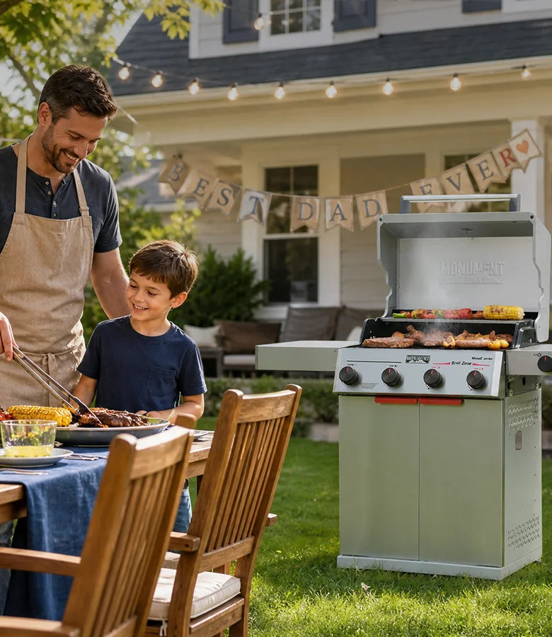 Man and child grilling outdoors with a grill in the background