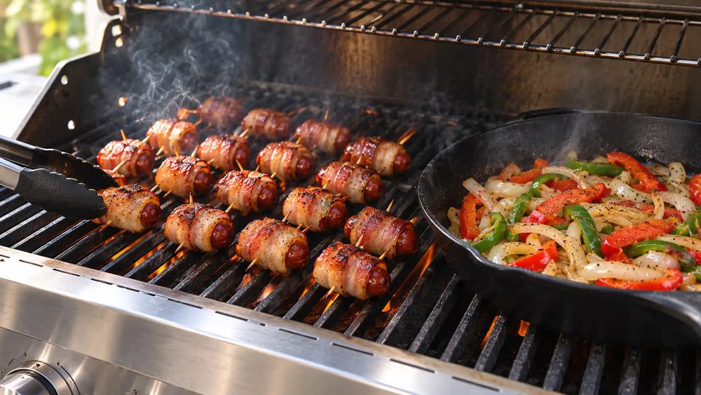 A stainless steel gas grill with bacon-wrapped meatballs cooking on the left grates and a black cast-iron skillet on the right holding sautéed onions, peppers, and tomatoes. Smoke rises from the food, and the outdoor background is softly blurred.