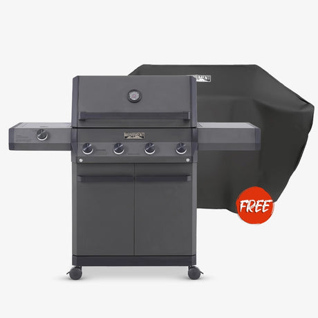 Black barbecue grill with a cover and 'FREE' label on a white background