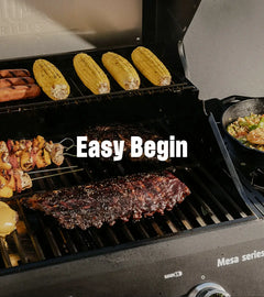Grill with various foods cooking on it, including corn and skewers, with 'Easy Begin' text overlay.
