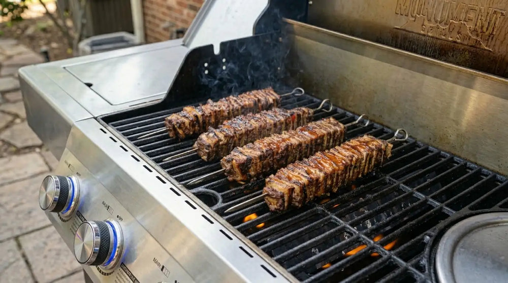 Grill with skewered meats cooking on a patio
