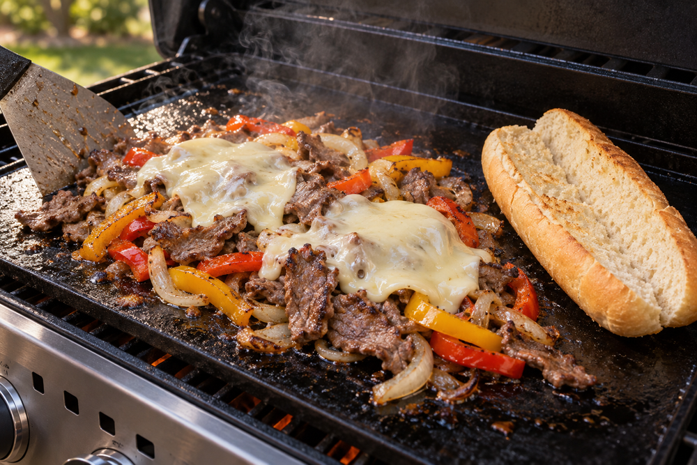 Grilled steak and cheese with red and yellow bell peppers cooking on a black grill plate, next to a sliced baguette on a gas stove outdoors.