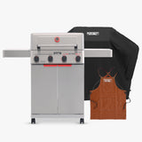 Mesa II 410BZ | Stainless Propane Gas Grill alongside a protective cover and apron for outdoor cooking.