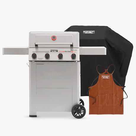 Mesa II 410FBZ | Stainless Propane Gas Grill with cover and apron, perfect for outdoor cooking.