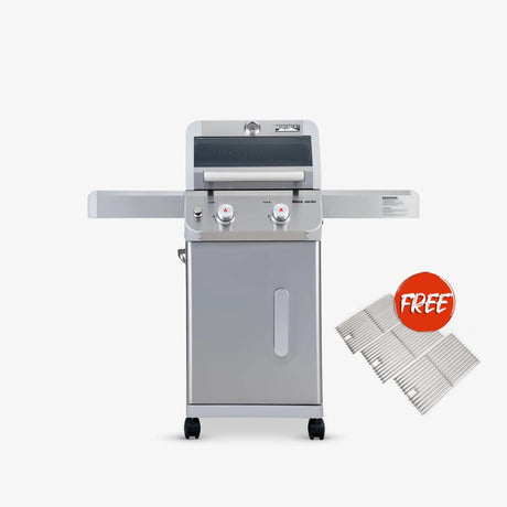 Stainless steel barbecue grill with a free grill grate on a white background