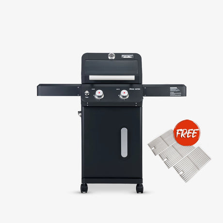 Black barbecue grill with a free charcoal chimney starter on a white background