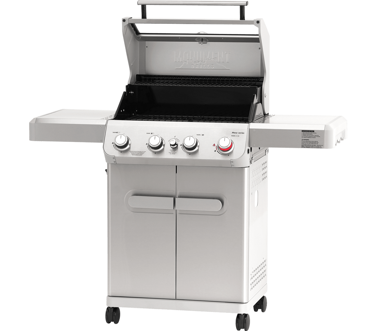 Propane grill with four control knobs on a white background