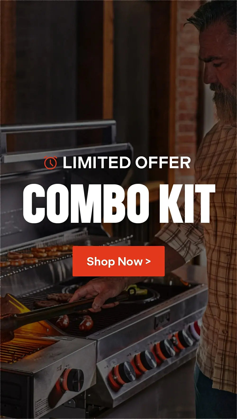 Person grilling on a combo kit with text overlay for a limited offer.
