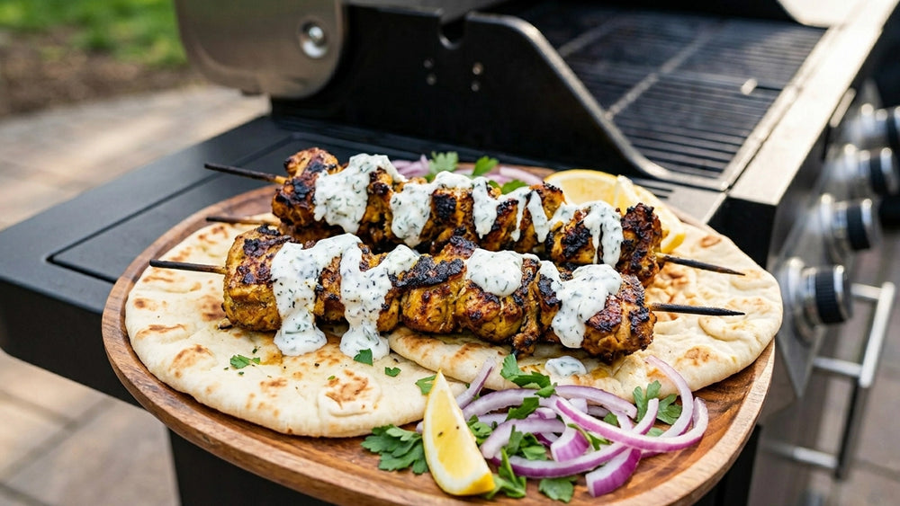 Platter of grilled chicken skewers with yogurt sauce, naan bread, lemon, and onions on a grill.