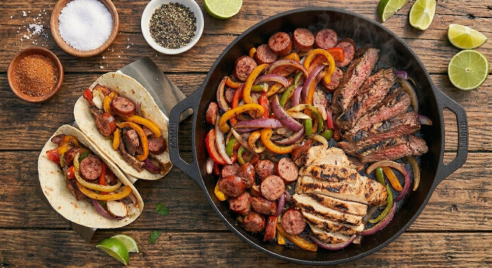 Skillet with fajita ingredients and tortillas 