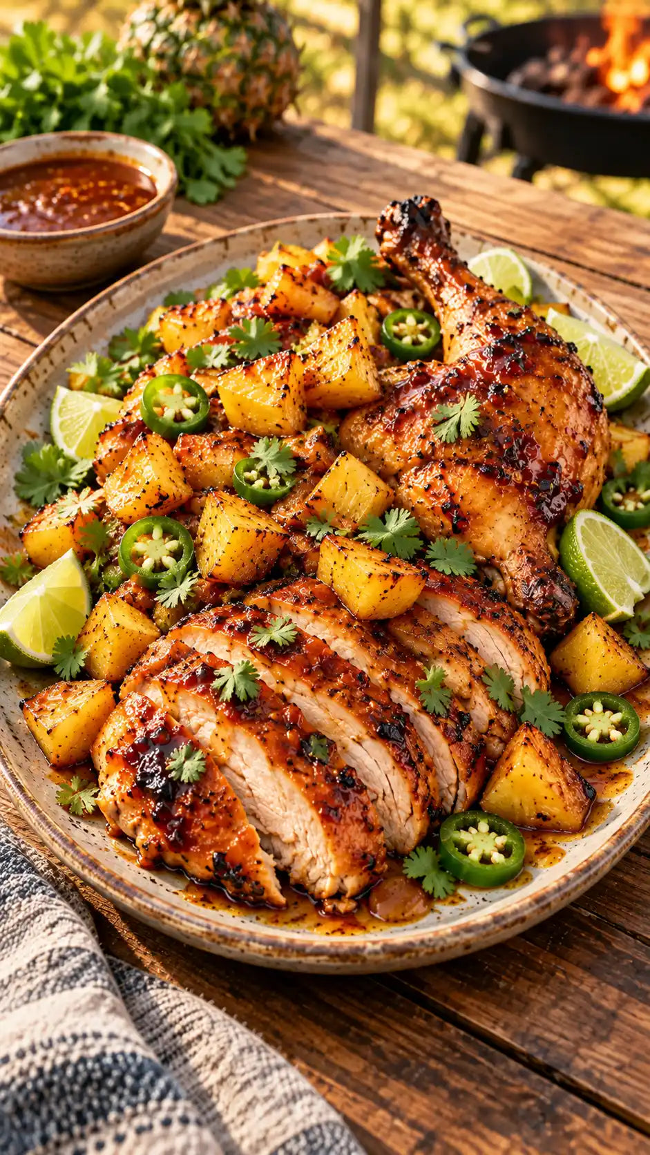 Sliced Texas pineapple rotisserie chicken with caramelized pineapple, BBQ glaze, cilantro, jalapeños, and lime wedges on a ceramic platter.