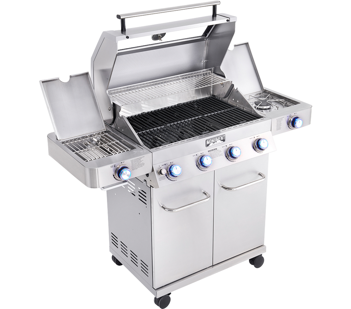 Stainless steel grill with multiple burners on a white background