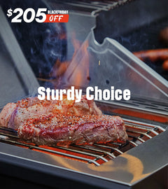 Steaks being grilled on a barbecue with 'Sturdy Choice' text and Black Friday sale offer.