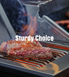 Steaks being grilled with flames and smoke, branded 'Sturdy Choice'.