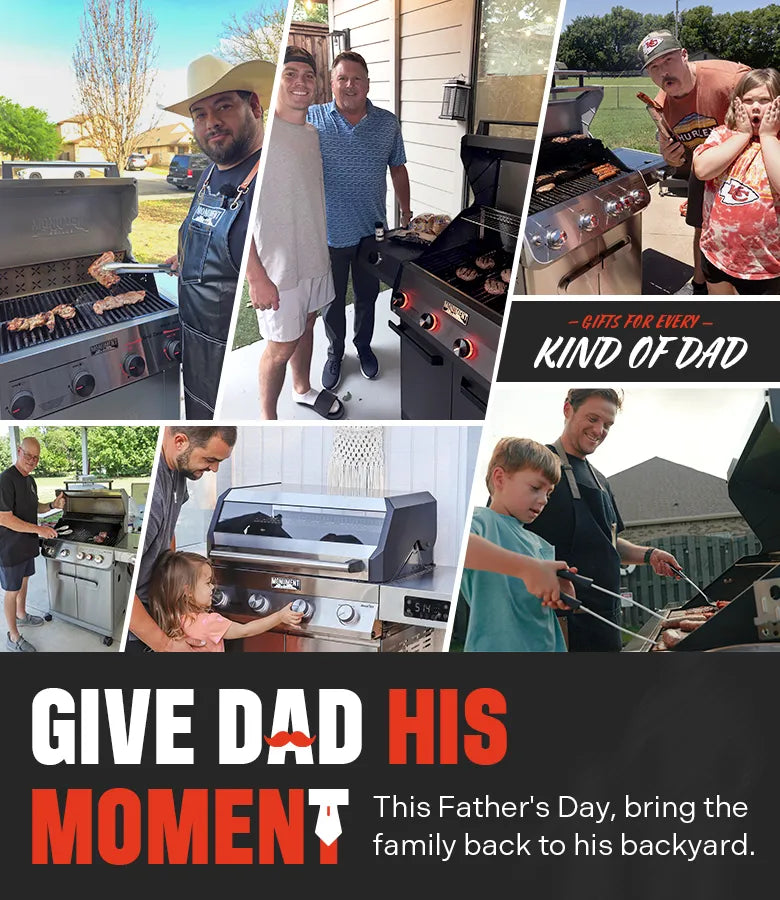 Real Monument Grills customers enjoying Father's Day backyard BBQs, creating memorable moments with family and friends.