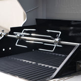 Mesa 415BZNG | Stainless Natural Gas Grill's interior with rotisserie skewer for versatile outdoor cooking.