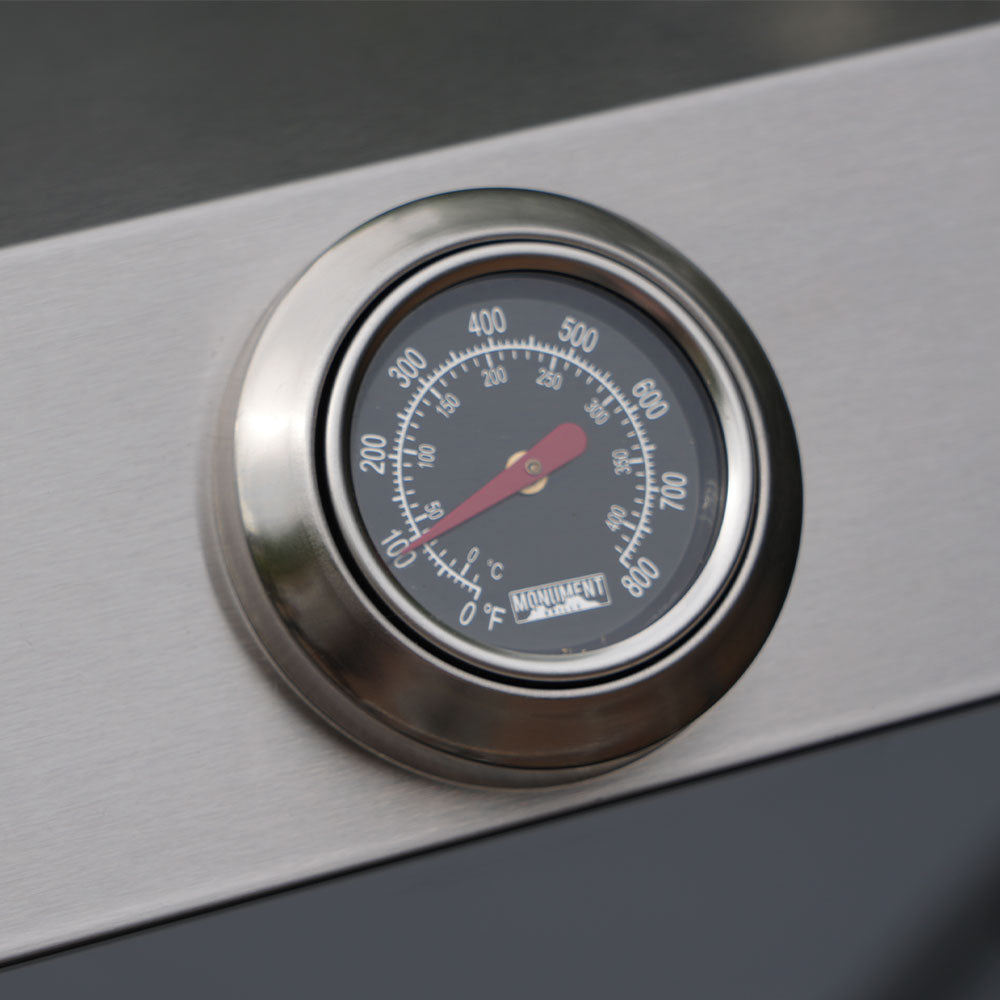 Mesa 415BZNG | Stainless Natural Gas Grill temperature gauge displaying heat levels for optimal cooking.