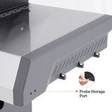 Probe storage port on a grill with close-up inset