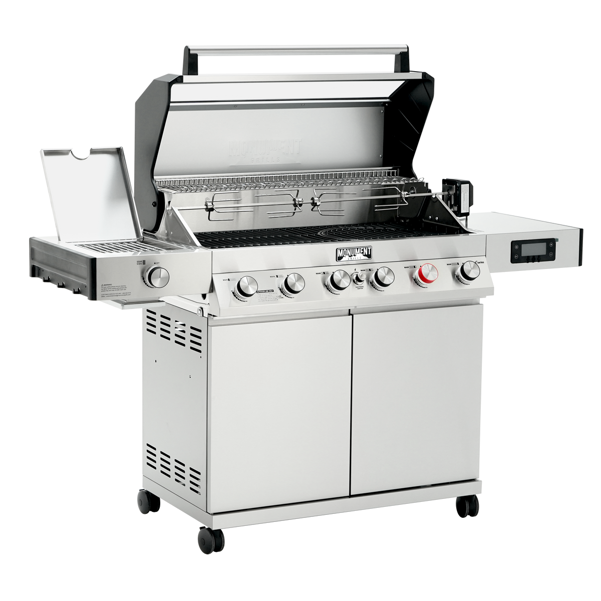 Stainless steel gas grill on a white background