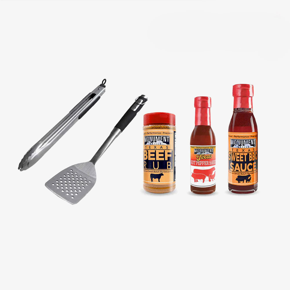 Spatula & Beef Rub & Sweet Yummy BBQ Sauce & Hot Pepper Sauce